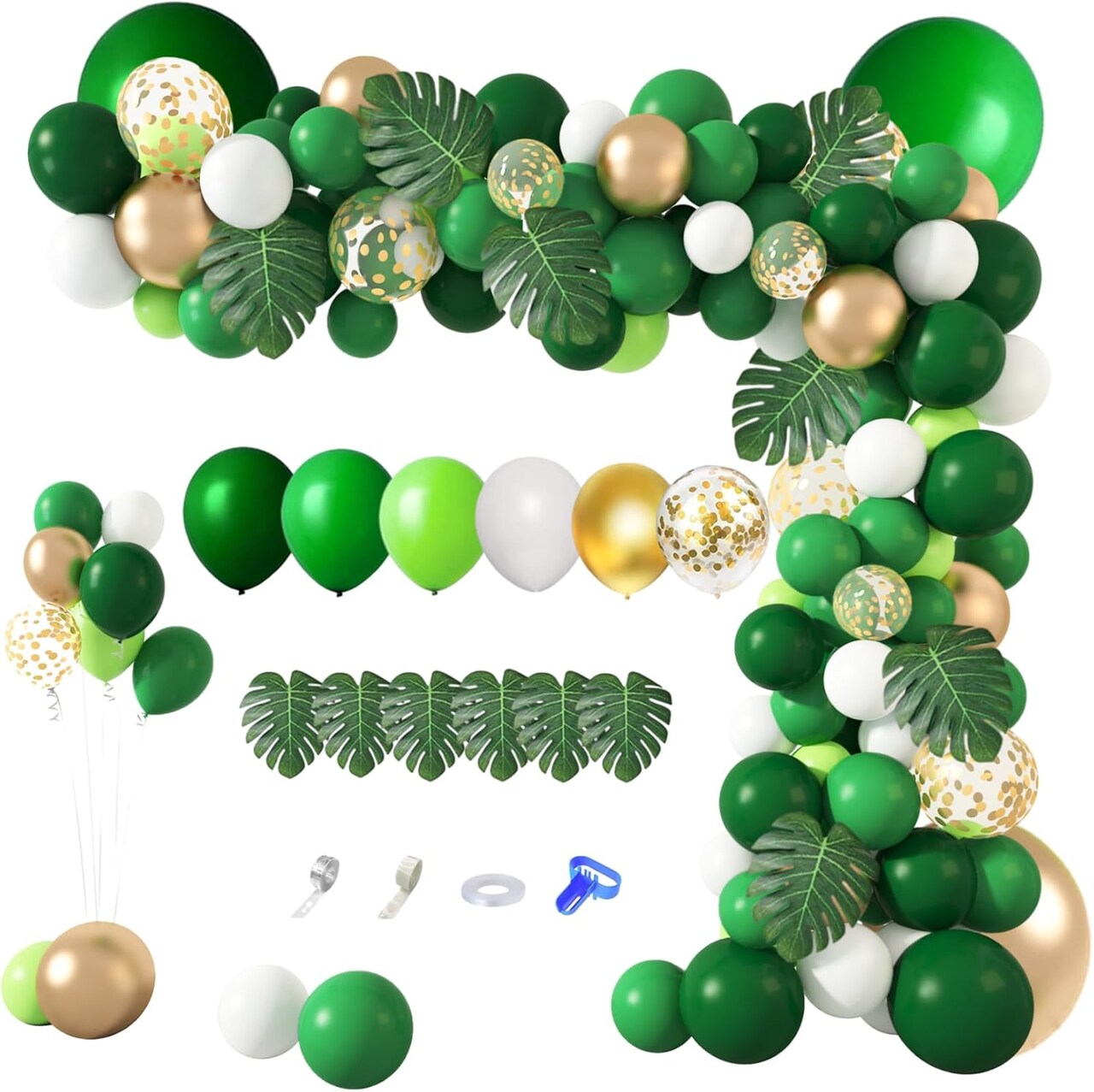 163Pcs Jungle Party Balloons Garland Arch Kit, Gold Green Balloons Dinosaur Party Decoration with Palm Leaves for Safari Animal Wild One Birthday Baby Shower St Patricks Day Party Supplies